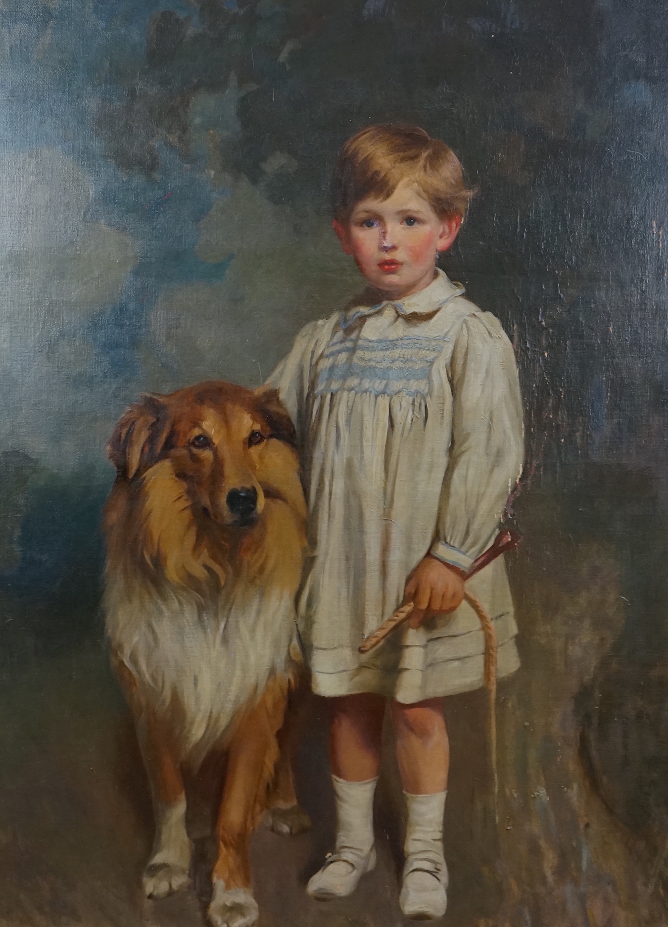 Attributed to J.W. Beaufort (fl. circa 1920-30), Full length portrait of a boy standing beside a collie, oil on canvas, 121 x 91cm